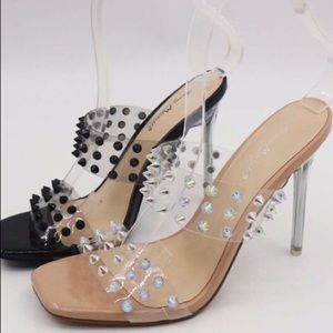 Feisty-15 Double Clear Strap Stiletto Square Toe Pyramid Stud Sandal Heels